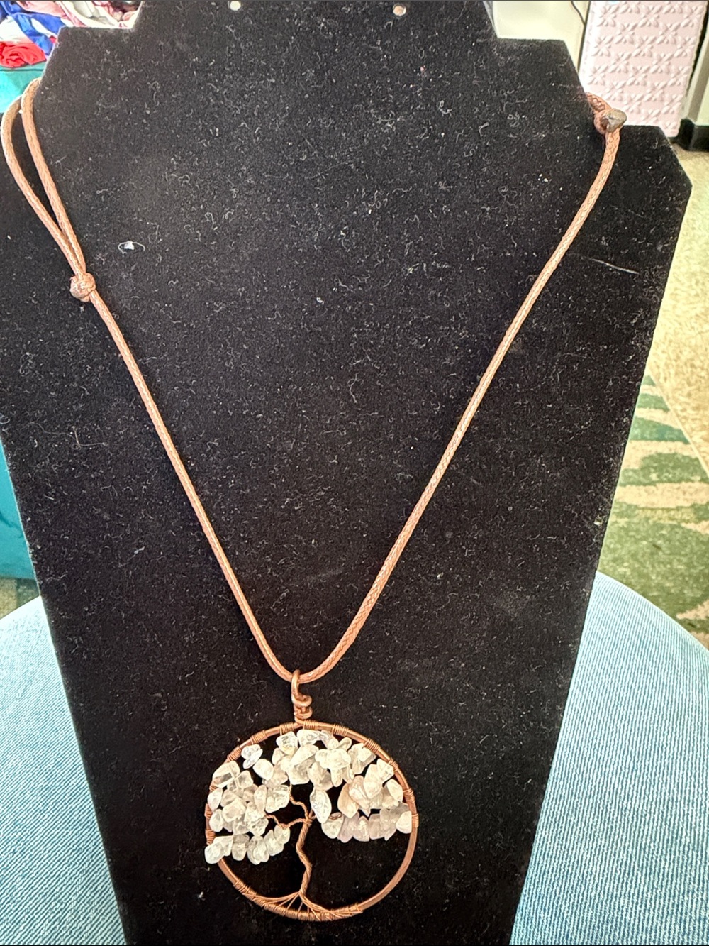 Handmade Tree of Life Pendant Necklace in Brown with Clear Beads